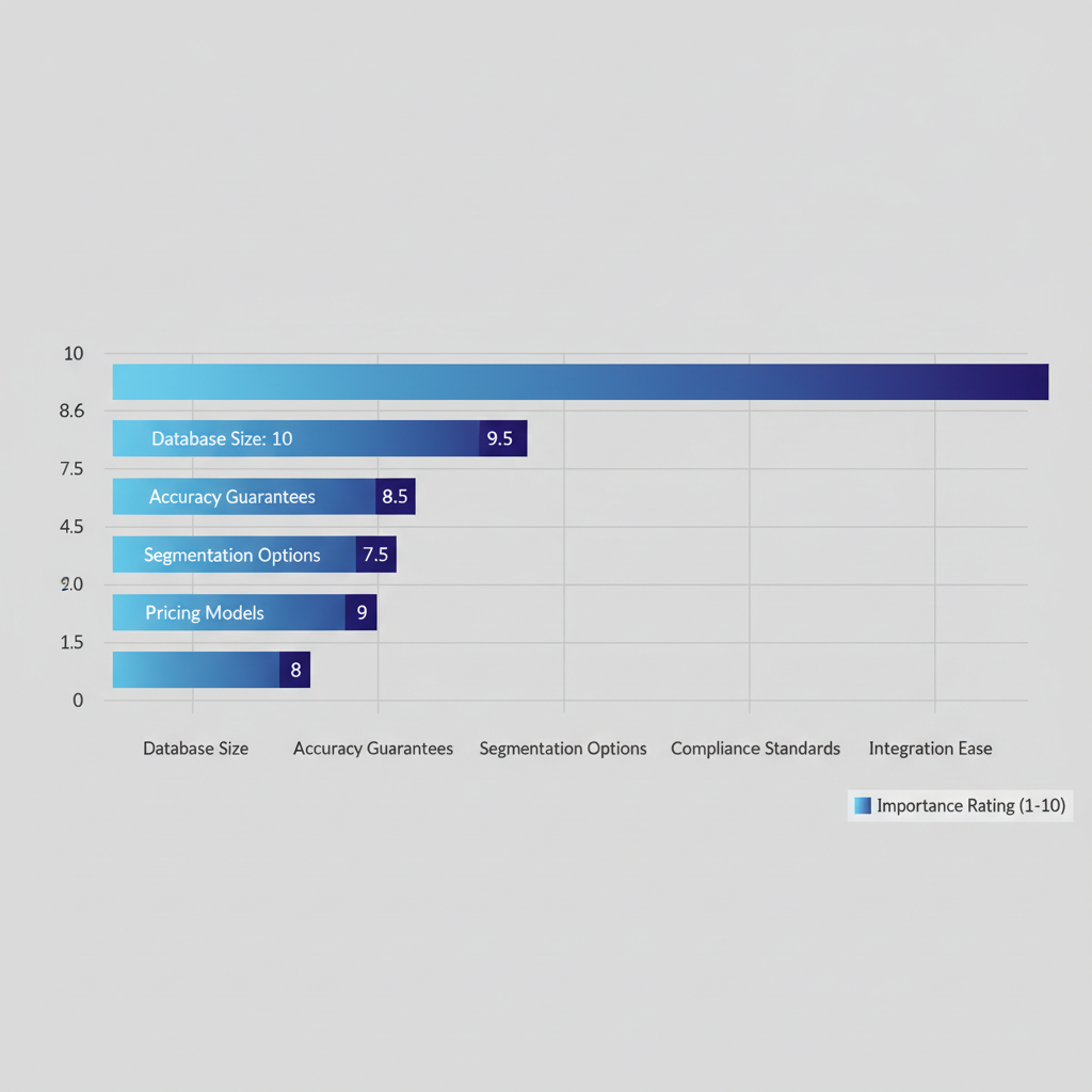 Horizontal bar chart showing key criteria importance for selecting B2B email list providers, rated 1-10.