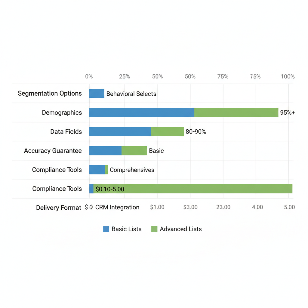 Horizontal bar chart comparing basic and advanced features of sales lead lists including segmentation, accuracy, and pricing.