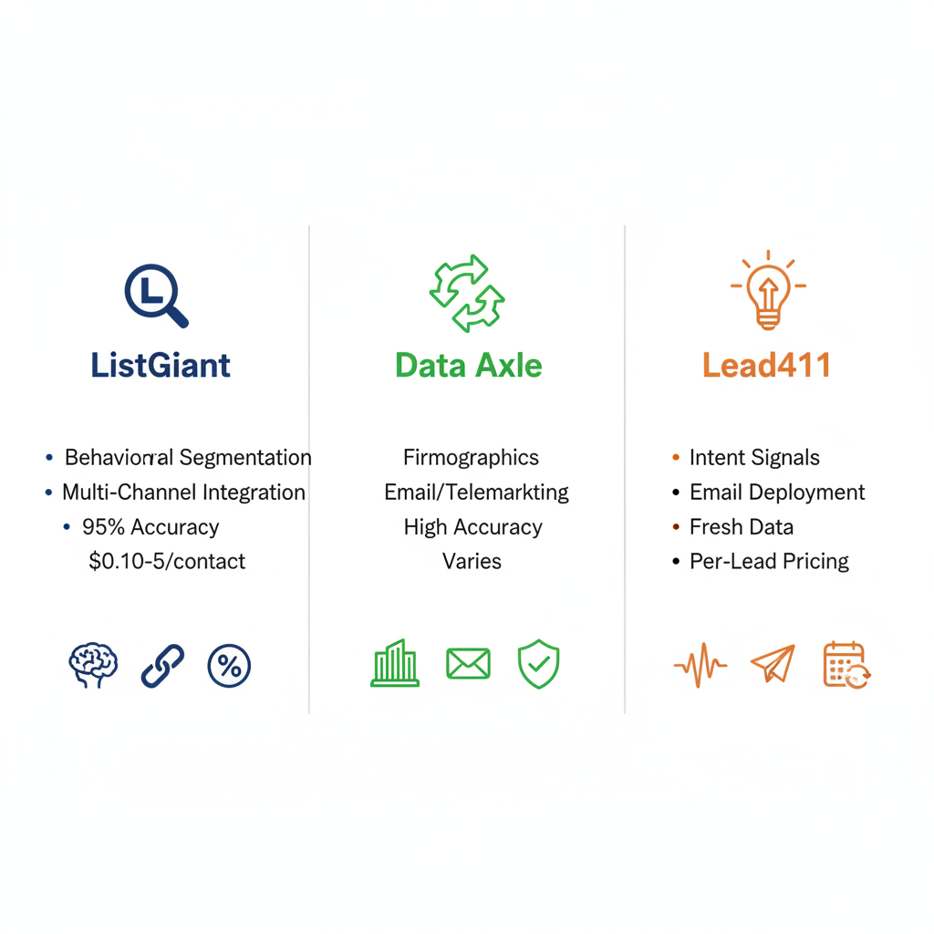 Infographic comparing key features of B2B lead providers ListGiant, Data Axle, and Lead411 including segmentation, accuracy, and pricing.