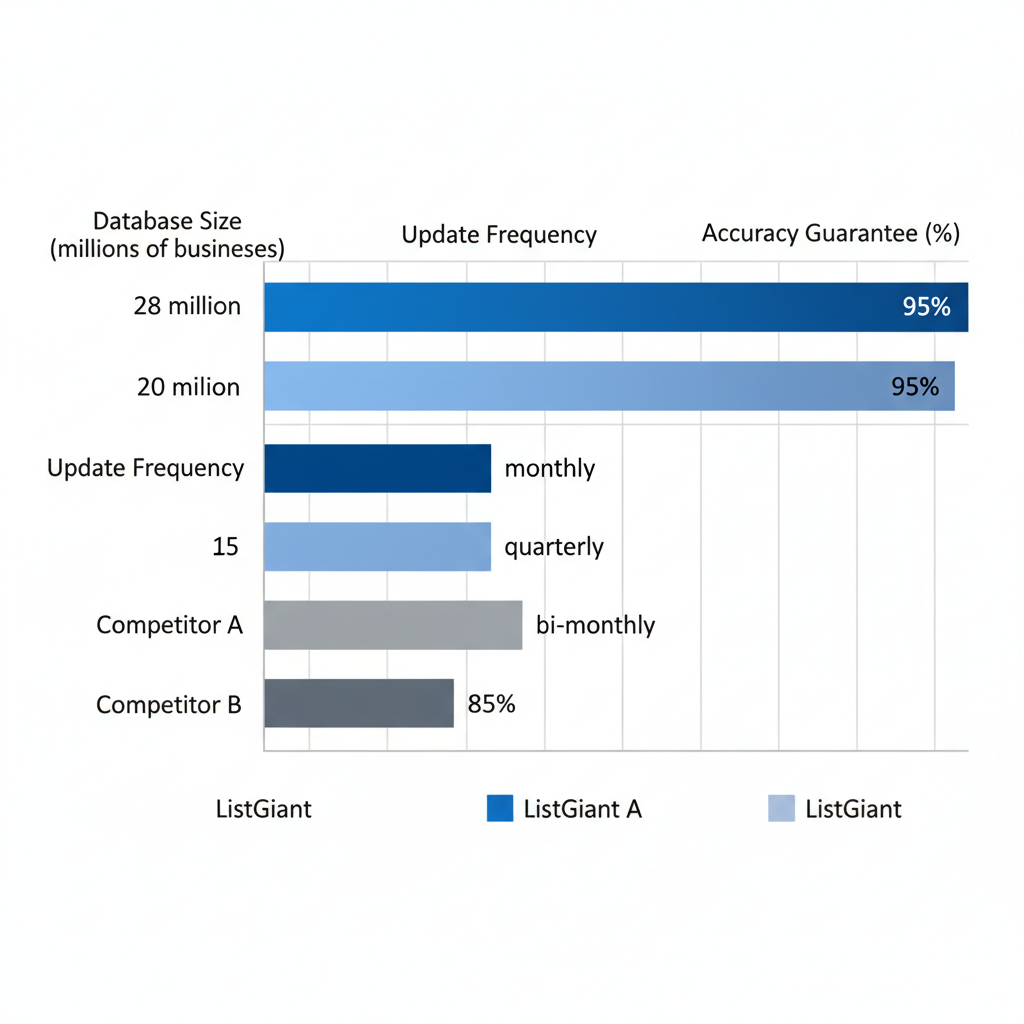 Horizontal bar chart comparing database size, update frequency, and accuracy of B2B data providers ListGiant, Competitor A, and Competitor B