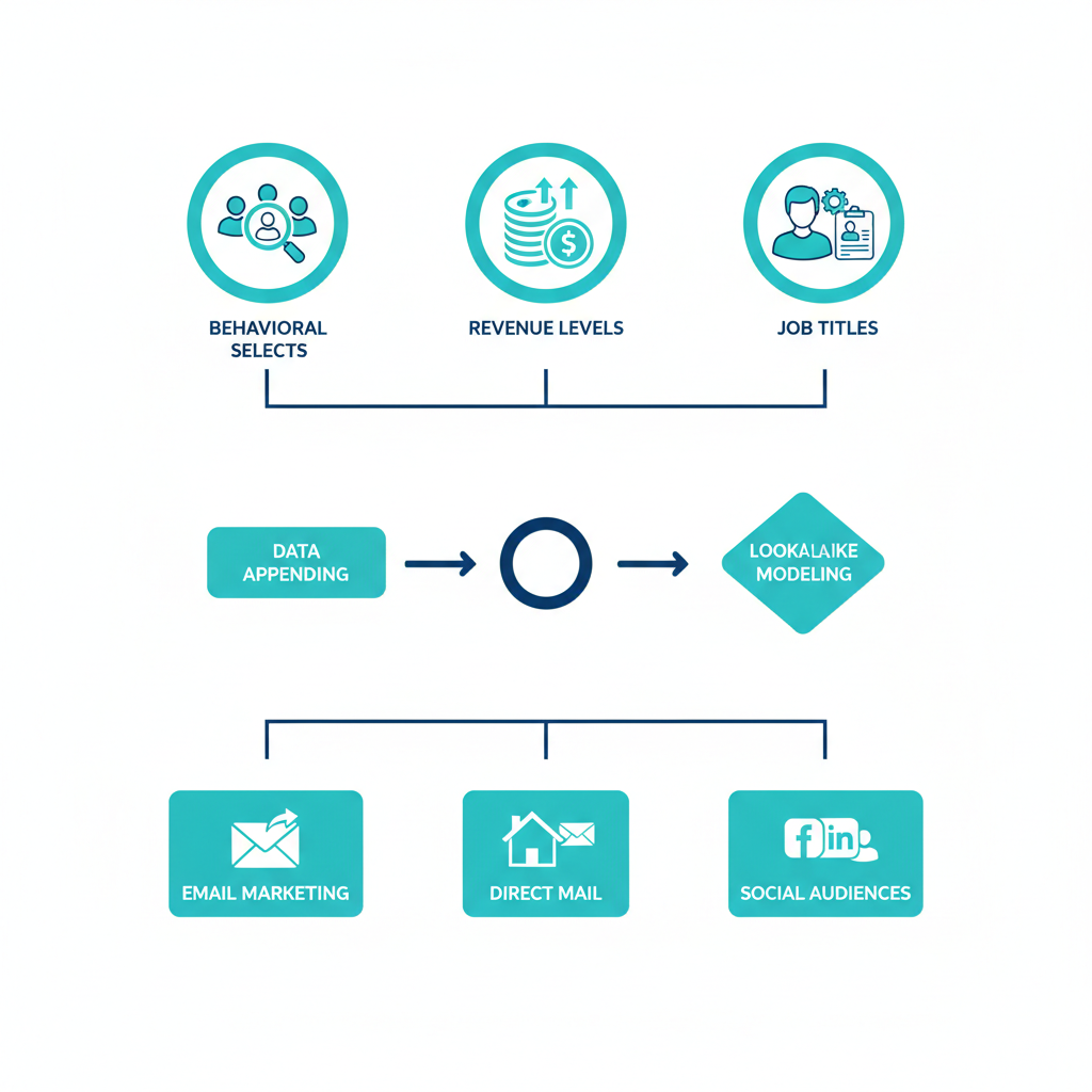 Infographic showing advanced B2B data features including segmentation, enrichment, and multi-channel options