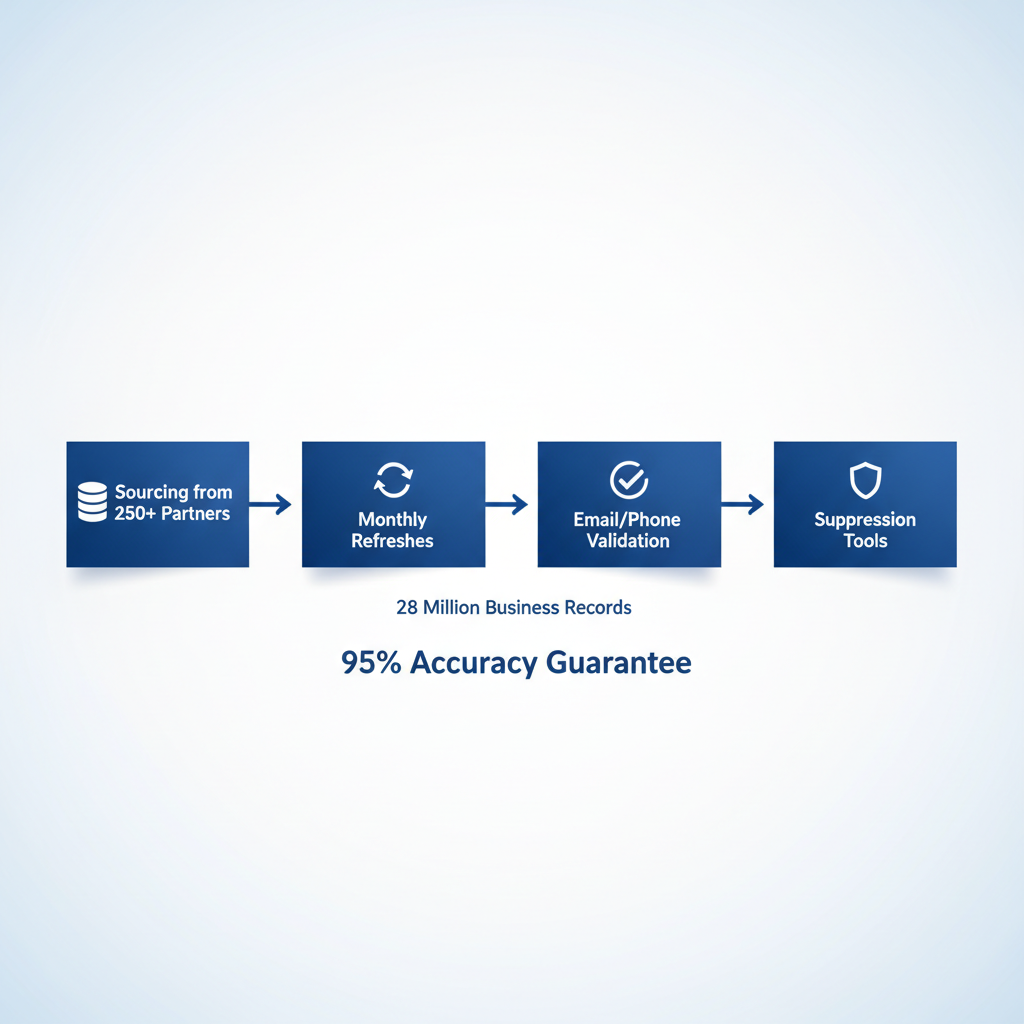 Infographic illustrating ListGiant's data accuracy process for marketing lists with four steps and key statistics