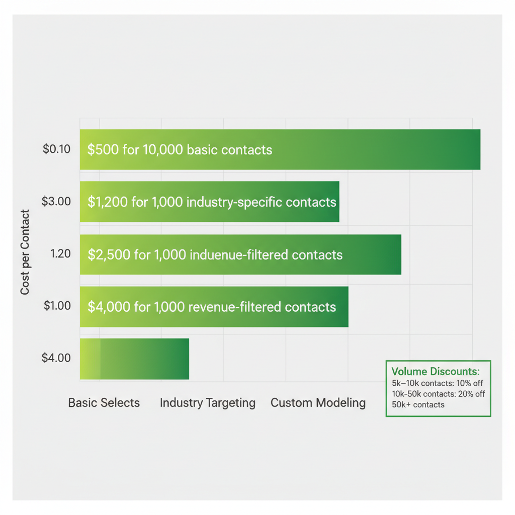 Horizontal bar chart illustrating pricing factors for ListGiant business sales leads lists from $0.10 to $5.00 per contact