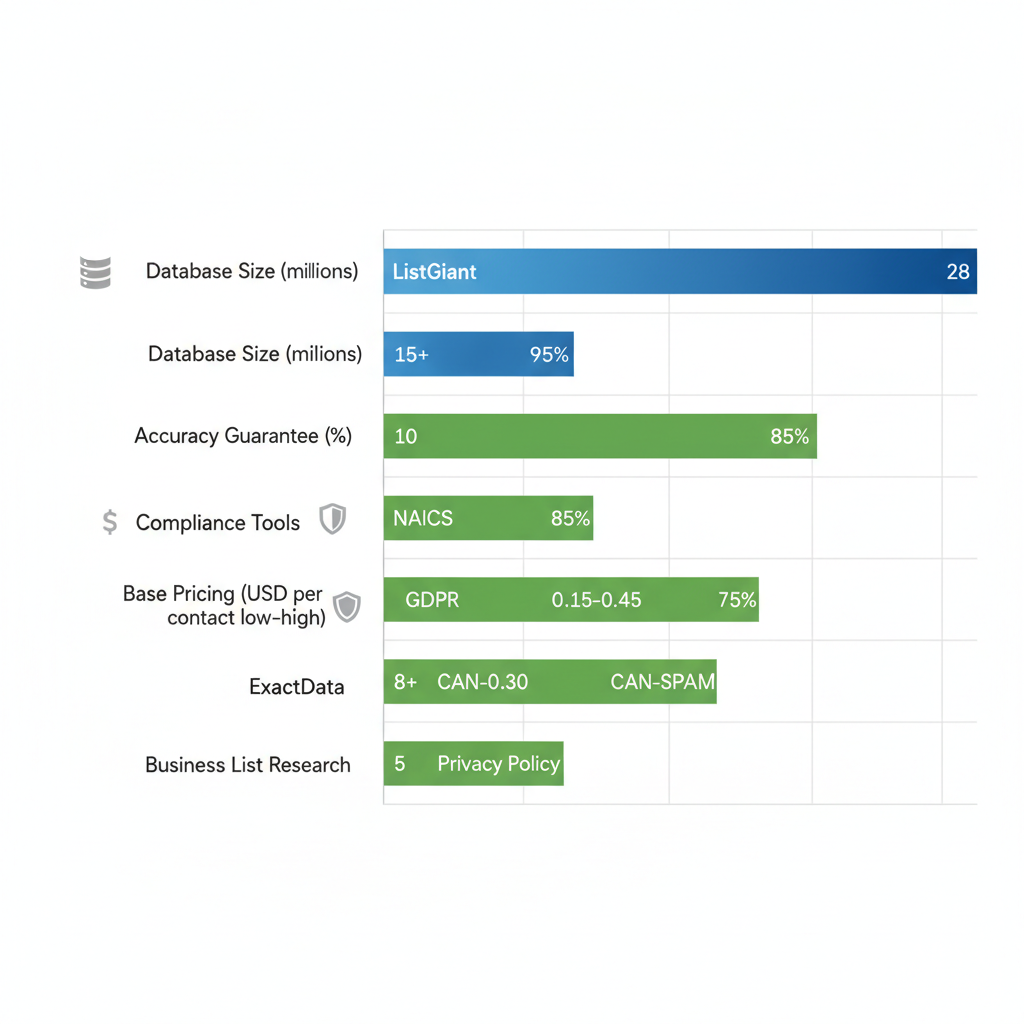 Horizontal bar chart comparing database size, accuracy guarantee, base pricing, and compliance tools of top USA business email list providers including ListGiant.