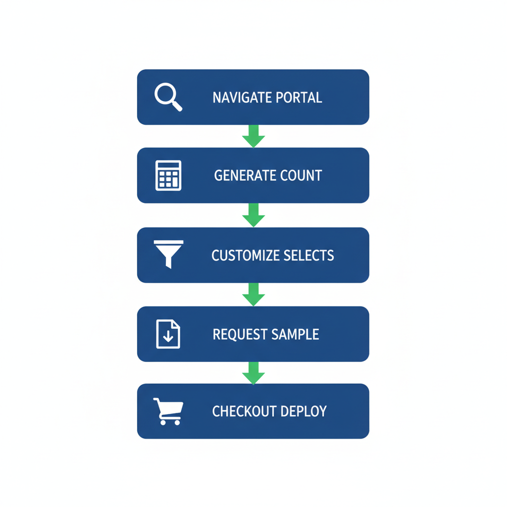Vertical process flow diagram illustrating the five-step order process for USA business email lists on ListGiant, featuring icons for navigation, counting, customization, sampling, and deployment.