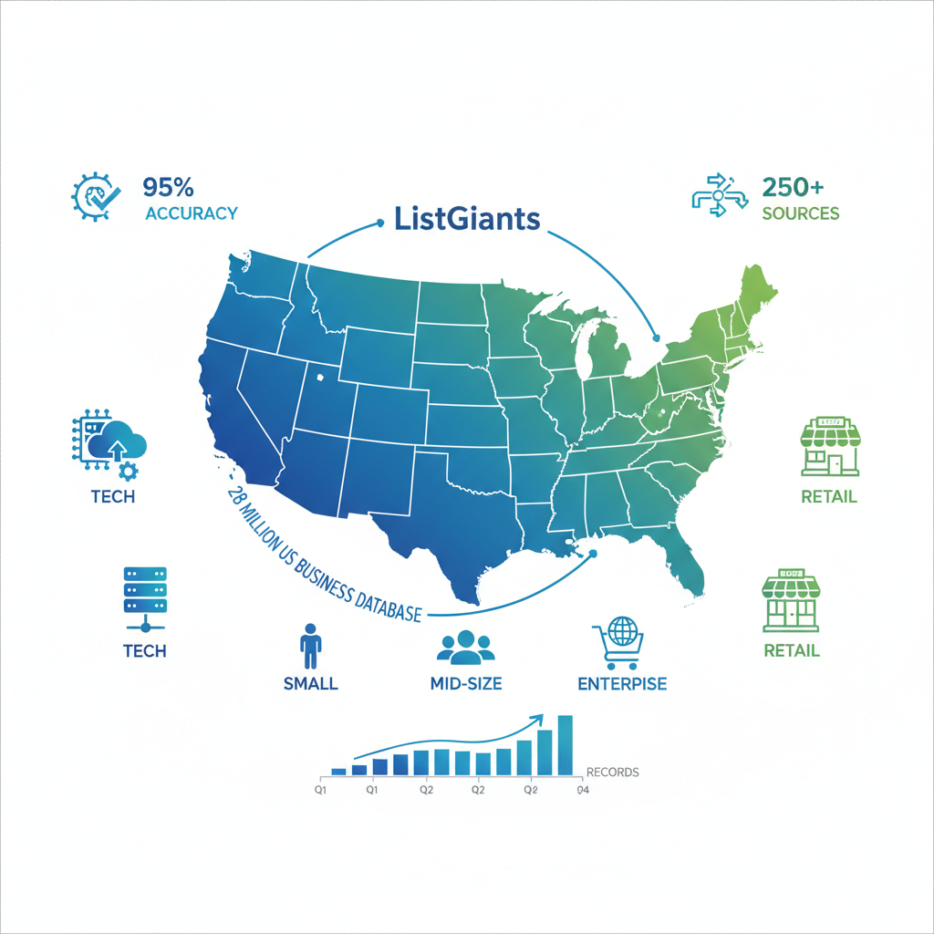 Infographic illustrating ListGiant's comprehensive US business database coverage with map, industry icons, and key statistics