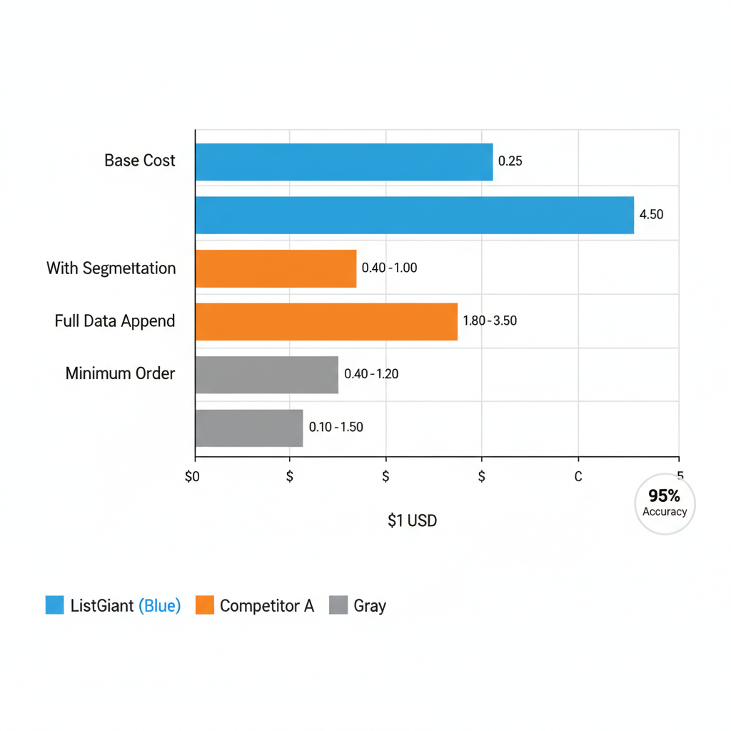 Horizontal bar chart comparing ListGiant pricing tiers to competitors on base cost, segmentation, data append, and minimum order criteria