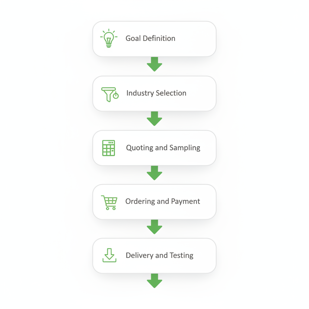 Vertical process flow diagram illustrating the five steps to acquire targeted business phone lists, featuring icons and green arrows.