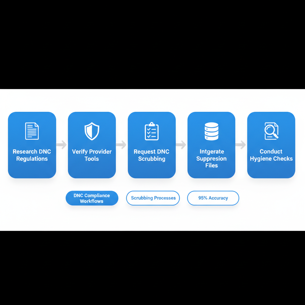 Horizontal process flow diagram illustrating five steps for DNC compliance: researching regulations with document icon, verifying tools with shield, requesting scrubbing with checklist, integrating files with database, and hygiene checks with magnifying glass.