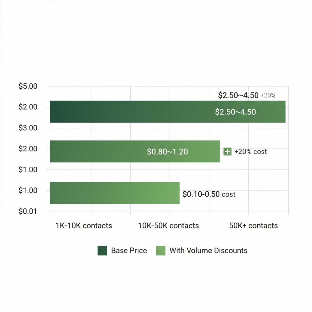 Horizontal bar chart comparing cost per contact for telemarketing lists across volume tiers from $0.01 to $5 USD