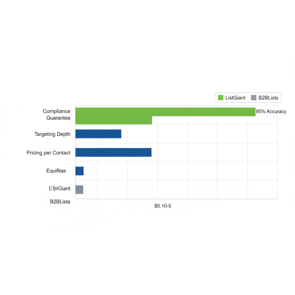 Horizontal bar chart comparing B2B telemarketing providers ListGiant, Equifax, and B2BLists on compliance guarantee, targeting depth, and pricing per contact