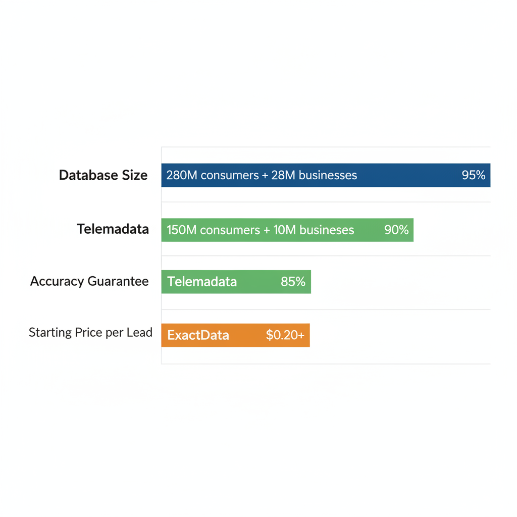 Horizontal bar chart comparing ListGiant, Telemadata, and ExactData on database size, accuracy guarantee, and starting price per lead