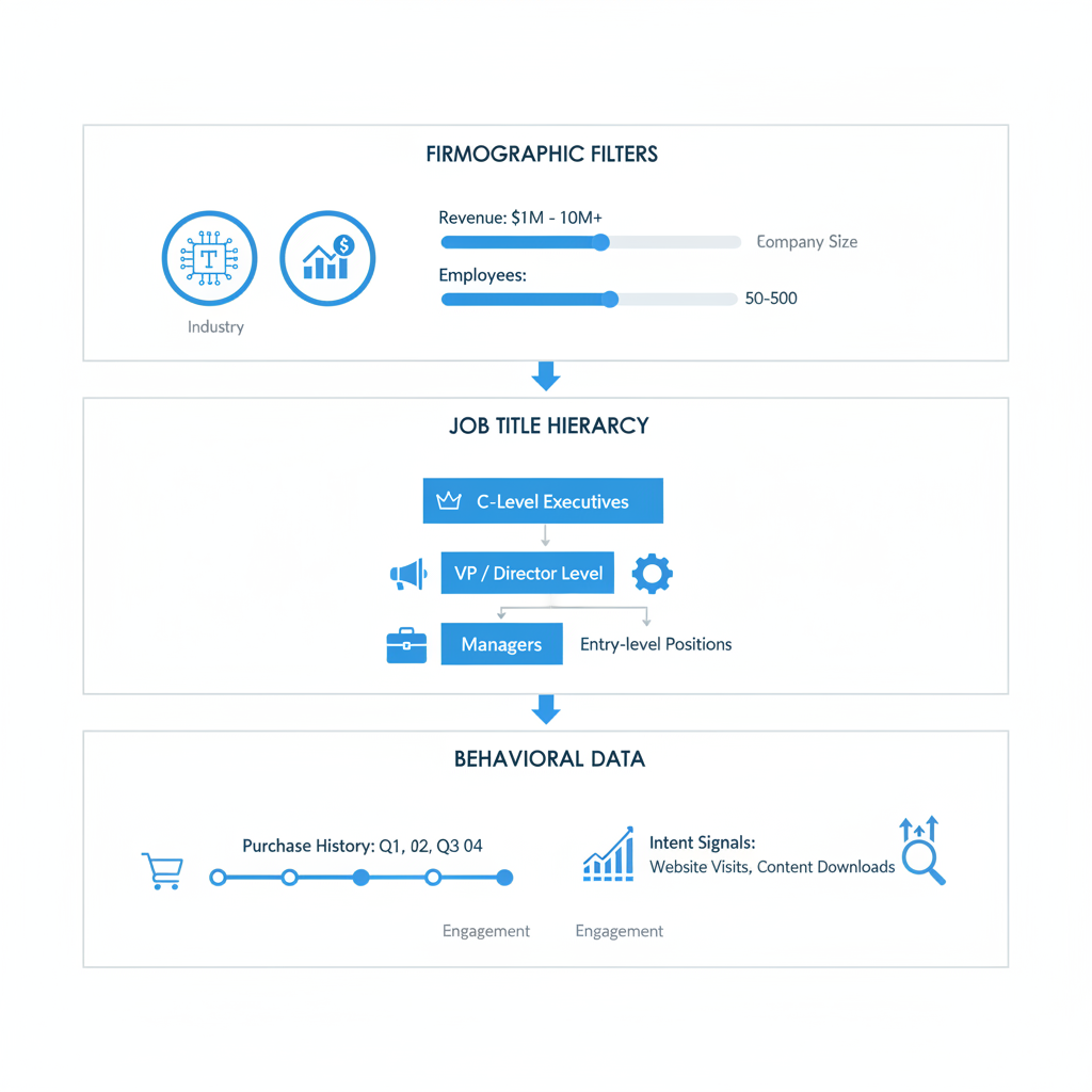 Infographic illustrating segmentation techniques for telemarketing leads using firmographic, job title, and behavioral filters