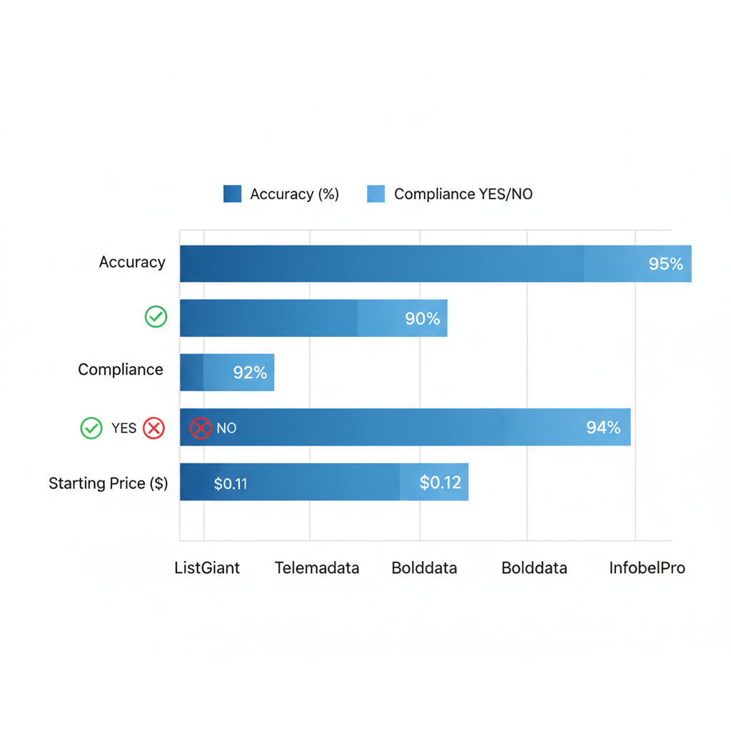 Horizontal bar chart comparing B2B telemarketing providers ListGiant, Telemadata, Bolddata, InfobelPro by accuracy percentages, compliance icons, and starting prices.