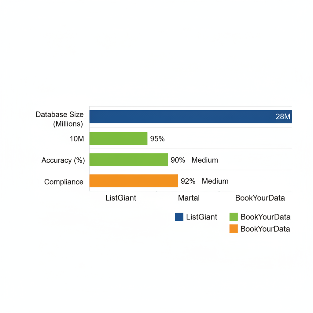 Horizontal bar chart comparing B2B telemarketing data providers by database size, accuracy, and compliance