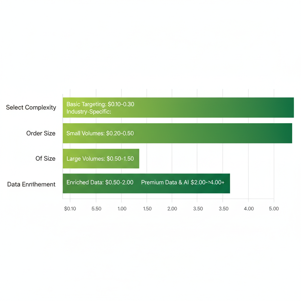 Horizontal bar chart illustrating cost influencers for business mailing lists including select complexity, order size, and data enrichment with price ranges from $0.10 to $5 per contact