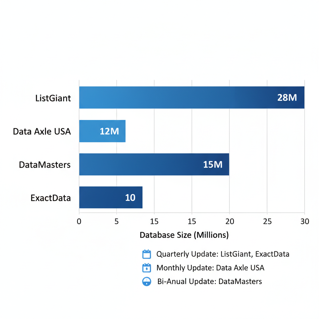 Horizontal bar chart comparing database sizes of business list providers ListGiant, Data Axle USA, DataMasters, and ExactData with update frequency legend