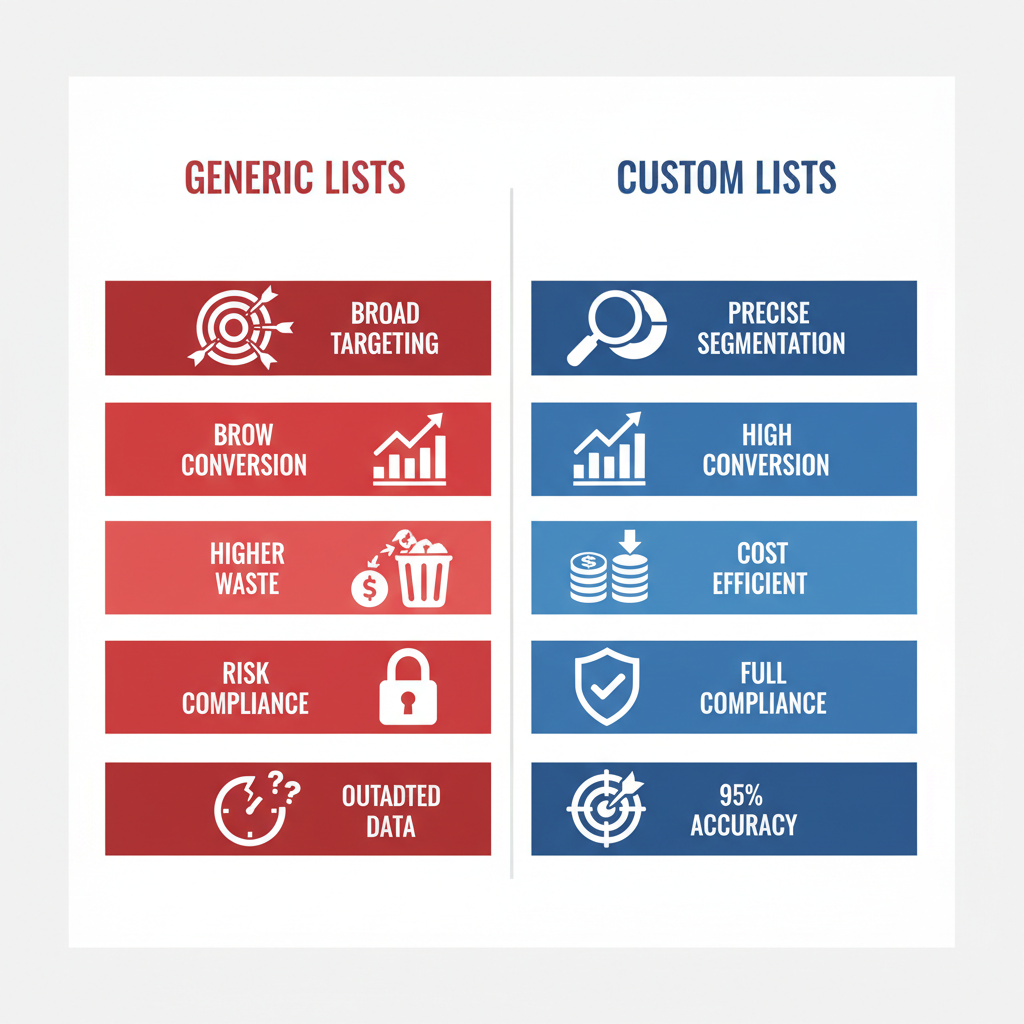 Infographic comparing generic and custom business mailing lists benefits with icons and stats