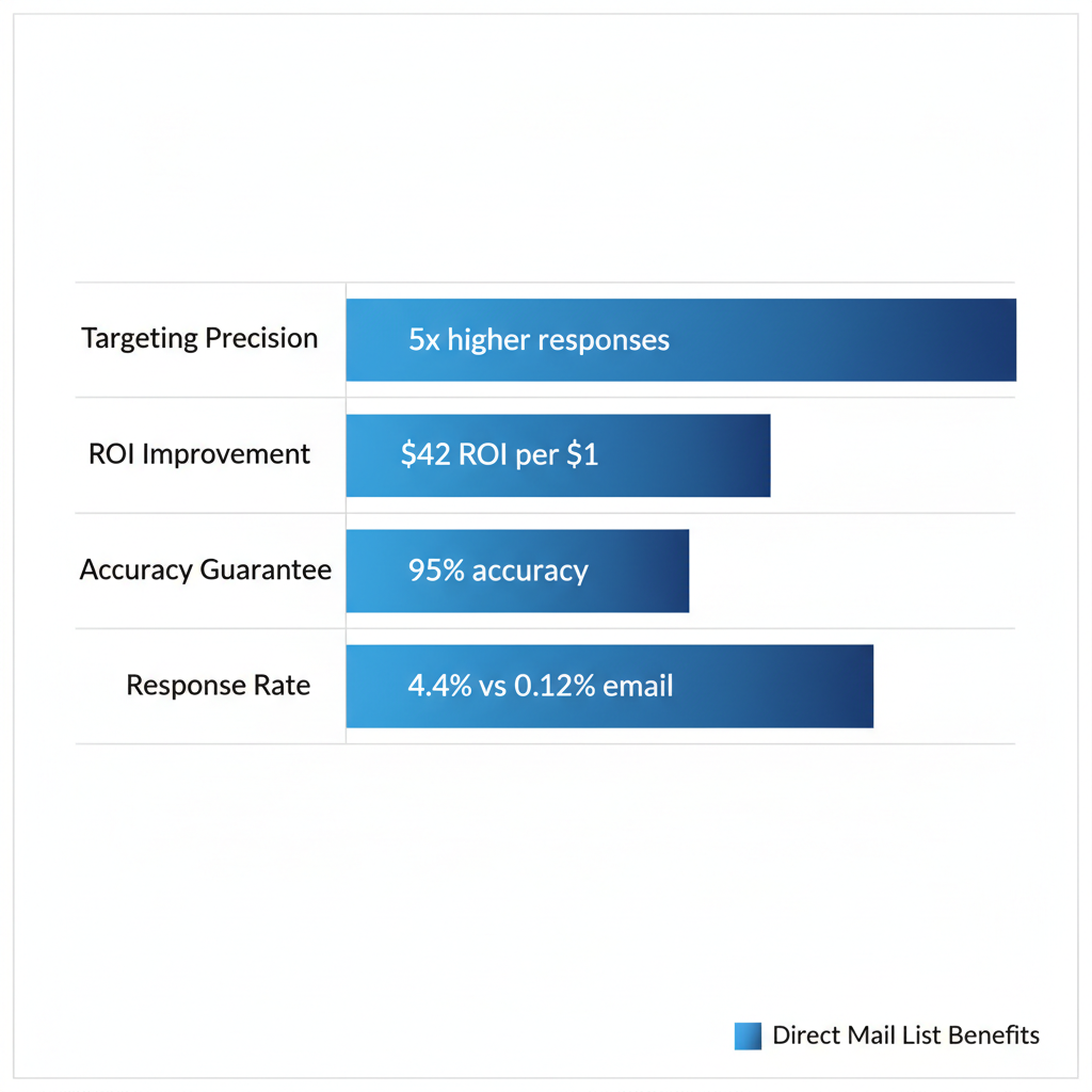 Horizontal bar chart displaying targeting precision, ROI improvement, accuracy guarantee, and response rate benefits of direct mail lists
