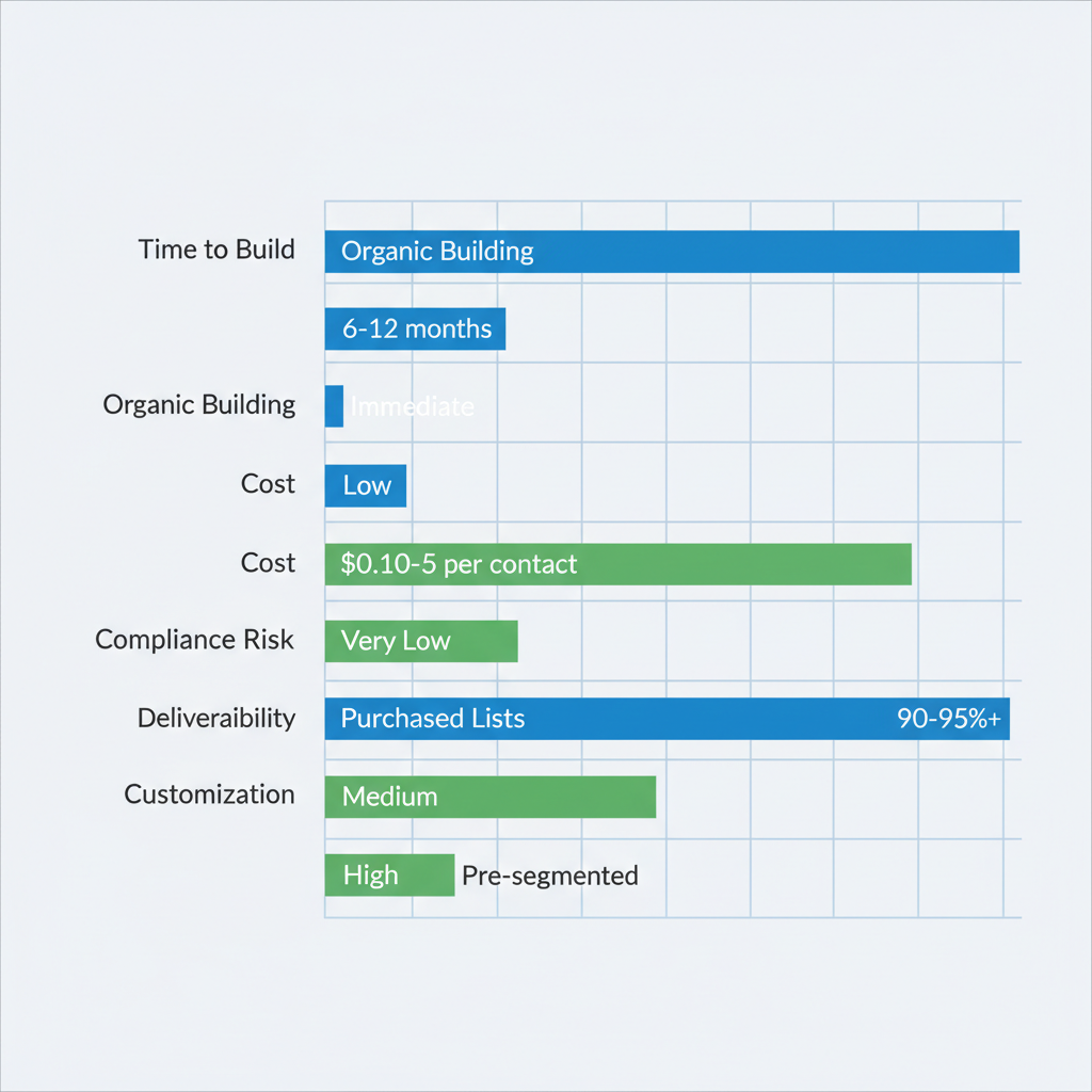 Horizontal bar chart comparing metrics like time, cost, and compliance for organic versus purchased email lists