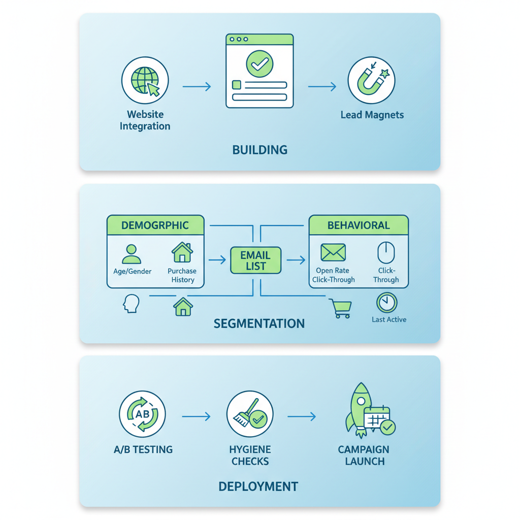 Infographic illustrating practical steps for building, segmenting, and deploying email marketing lists
