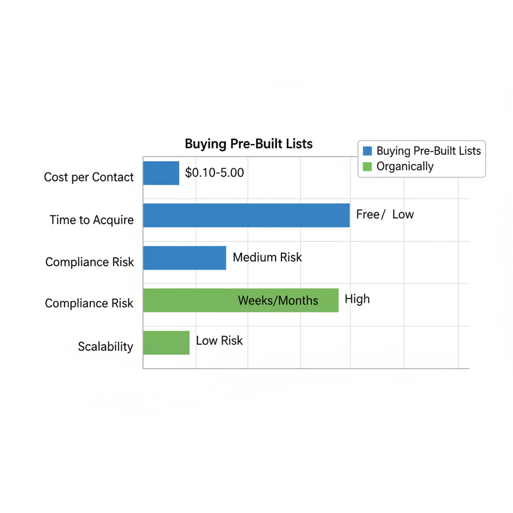 Horizontal bar chart comparing email list acquisition methods by cost, time, risk, and scalability
