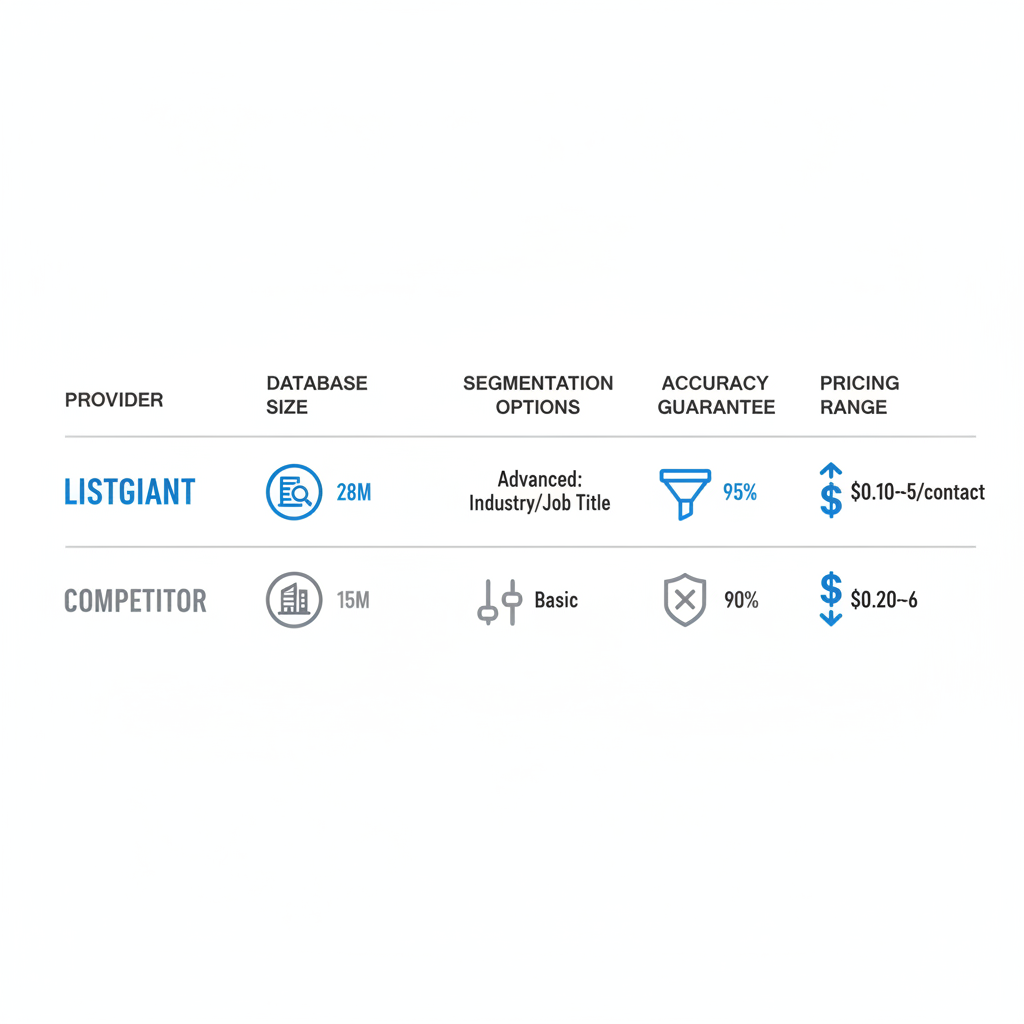 Table infographic comparing B2B list providers on database size, segmentation, accuracy, and pricing with icons and color highlights.