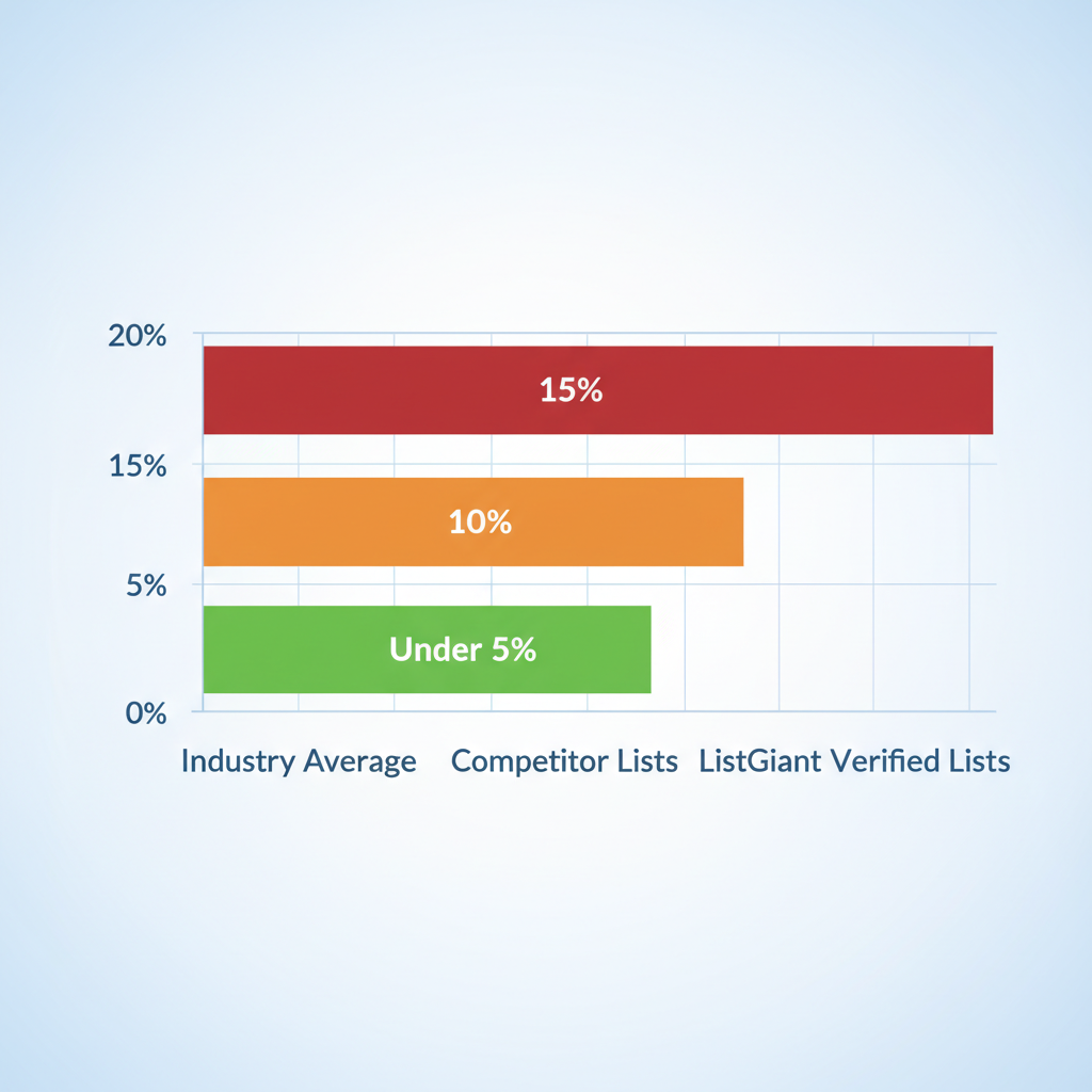 Horizontal bar chart comparing email bounce rates: industry average 15% in red, competitor lists 10% in orange, ListGiant verified lists under 5% in green.
