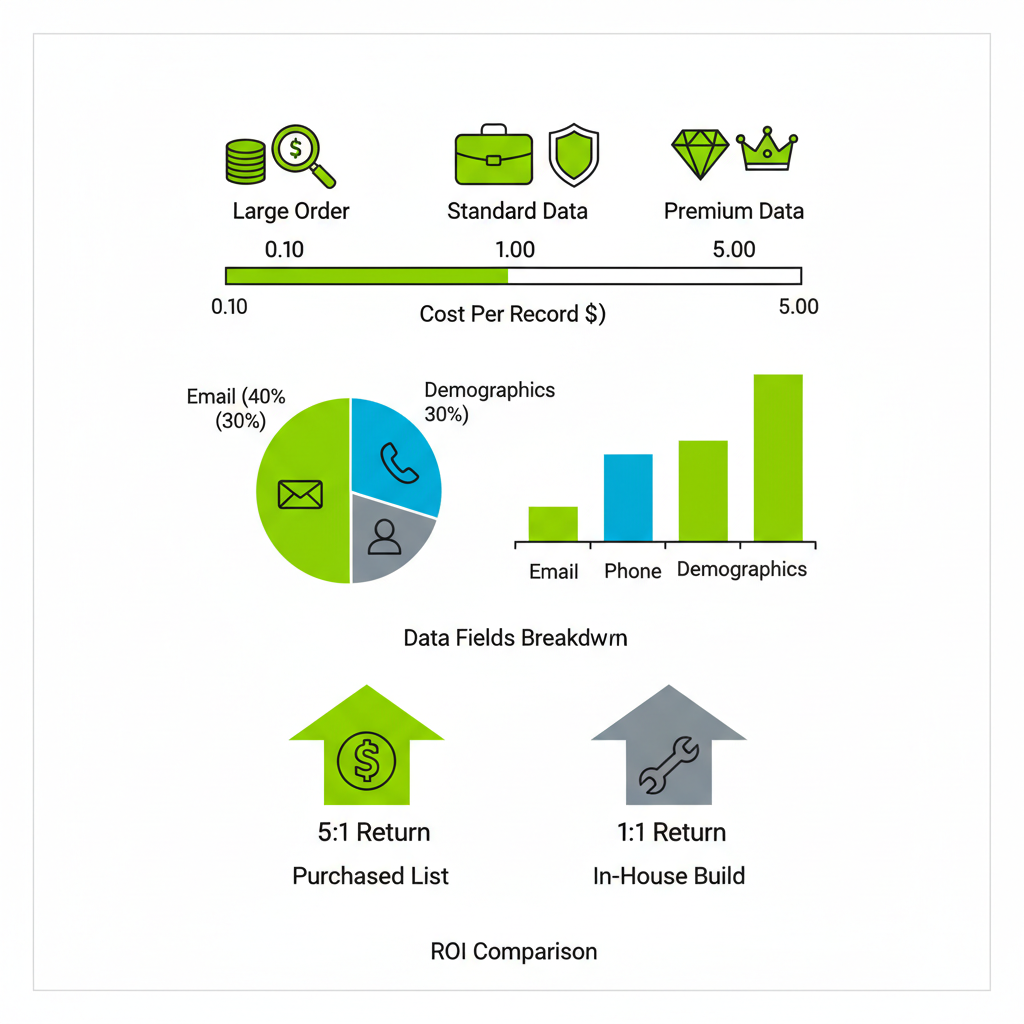 Infographic illustrating pricing tiers for B2B lead lists from ListGiant, including volume costs, data fields breakdown, and ROI comparison