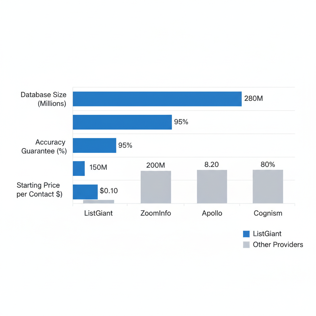 Horizontal bar chart comparing database size, accuracy, and pricing of ListGiant and top competitors