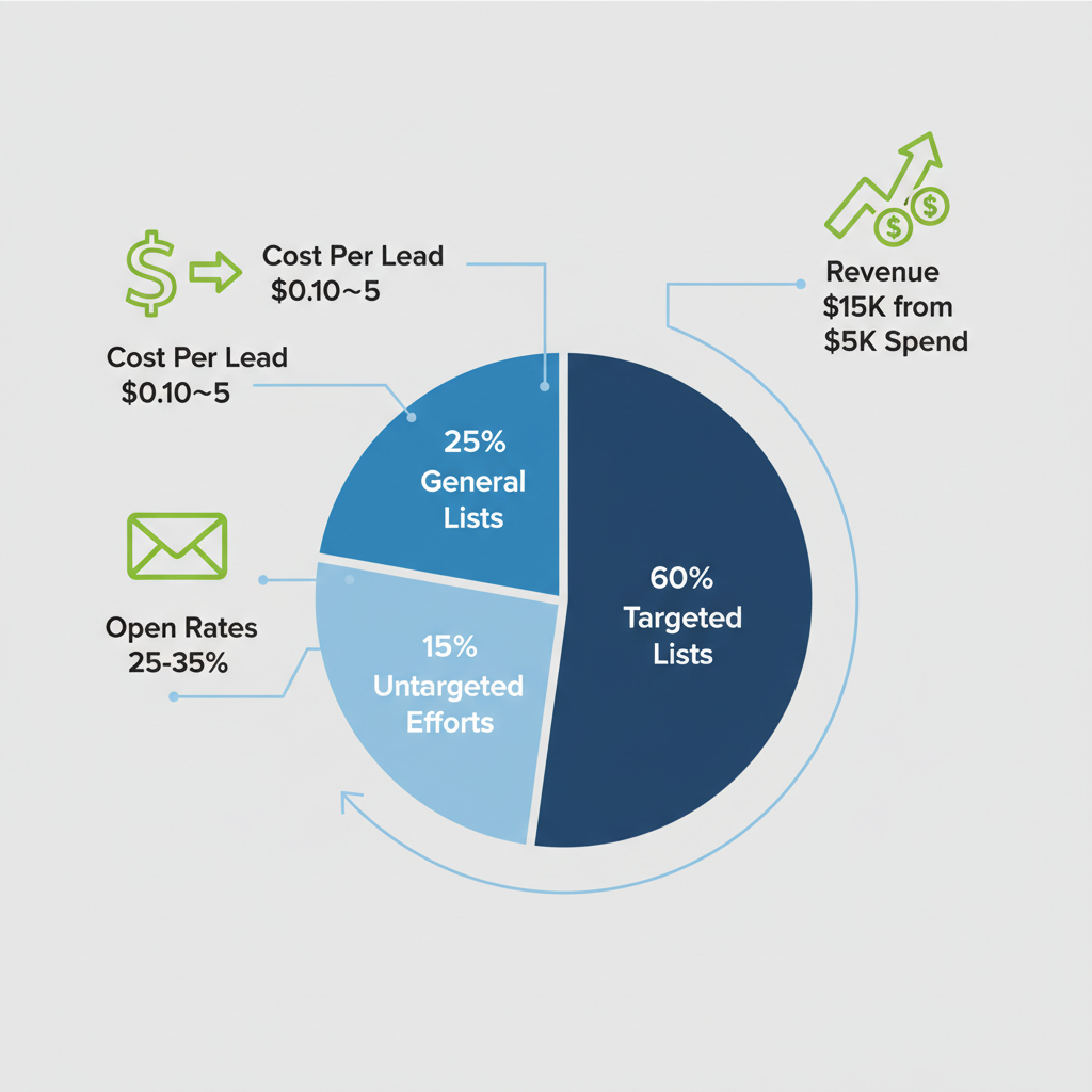 Infographic visualizing ROI benefits of targeted mailing lists versus general and untargeted campaigns with pie chart and metric icons