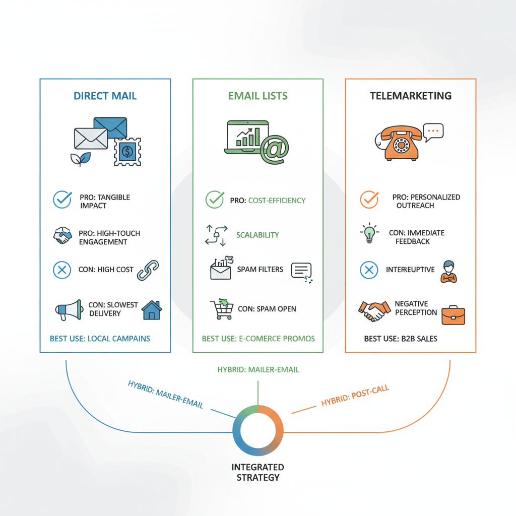 Infographic comparing mailing, email, and telemarketing lists with icons and minimal labels