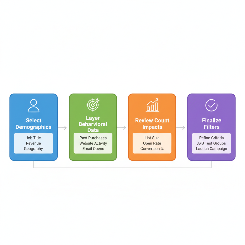 Horizontal process flow illustrating four steps for applying segmentation criteria to targeted mailing lists