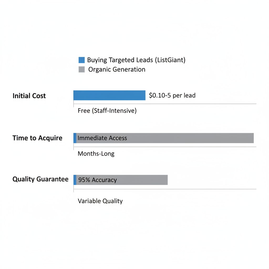 Horizontal bar chart comparing costs, time, and quality of buying targeted marketing leads versus organic generation