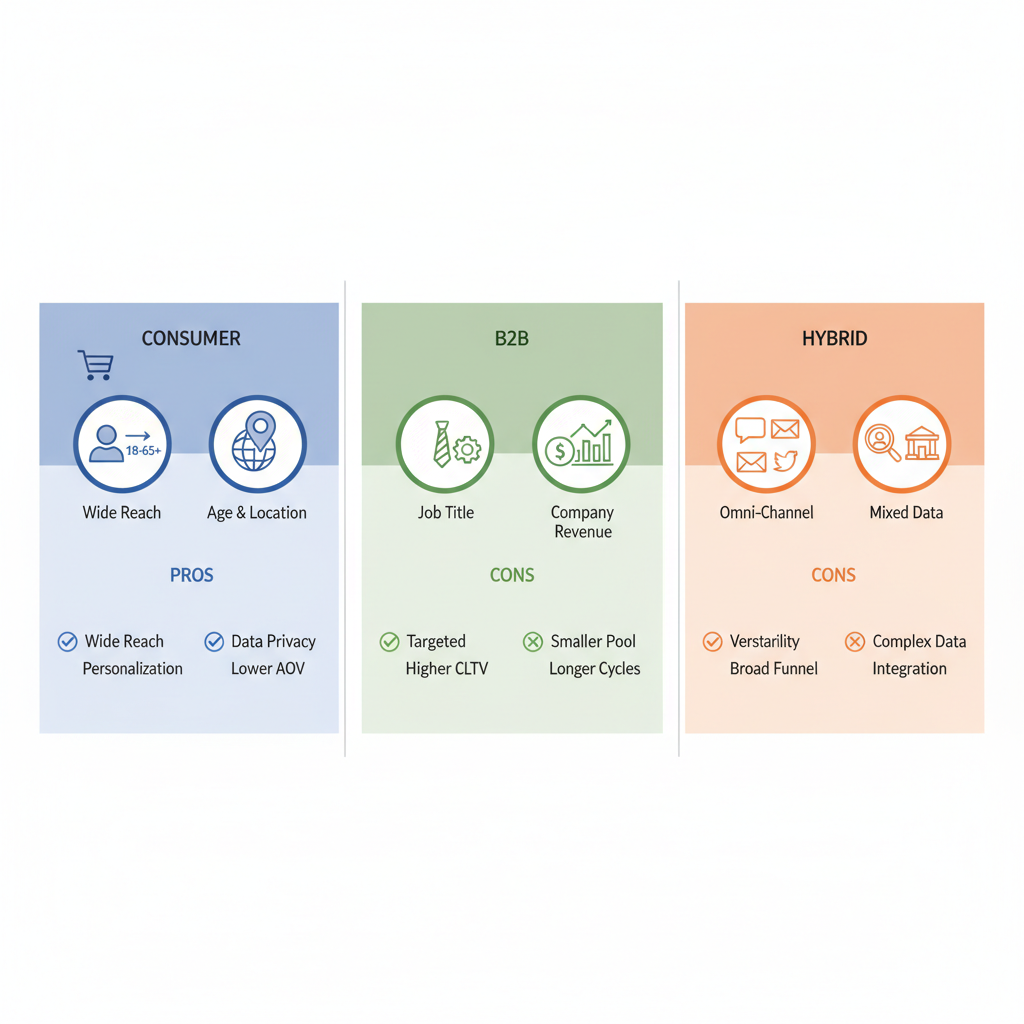 Infographic comparing consumer, B2B, and hybrid email lists with icons for demographics, firmographics, and omni-channel options.