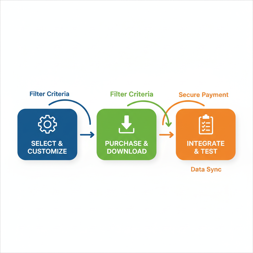 Horizontal process flow diagram illustrating three key steps for acquiring marketing leads: selecting and customizing lists, purchasing and downloading data, and initial integration and testing.