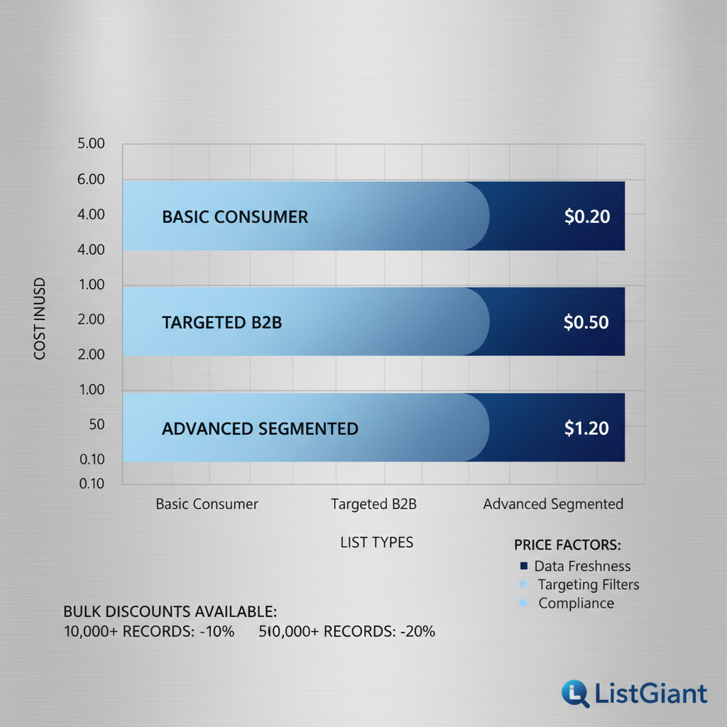 Horizontal bar chart showing email list pricing ranges for different consumer and B2B list types in USD.