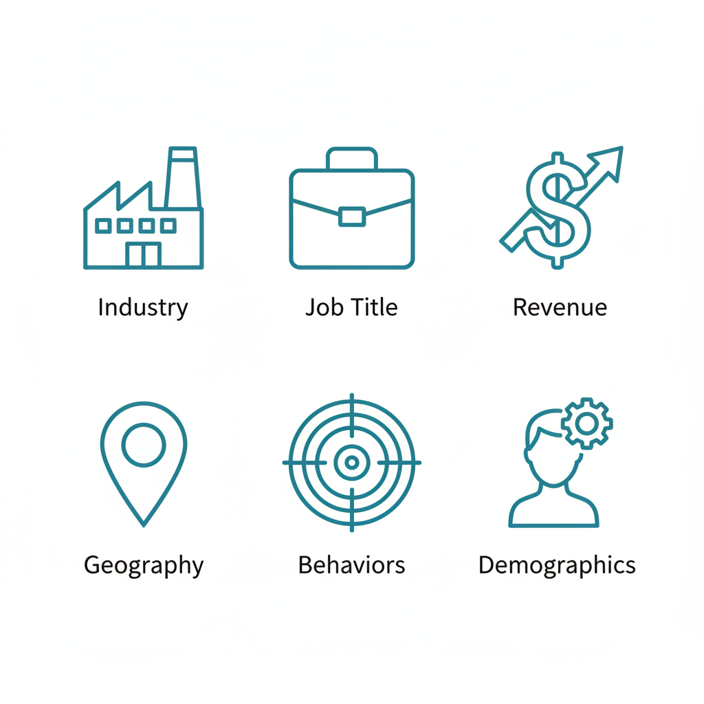 Grid of icons illustrating key audience segments for targeted email marketing lists including industry, job title, revenue, geography, behaviors, and demographics.