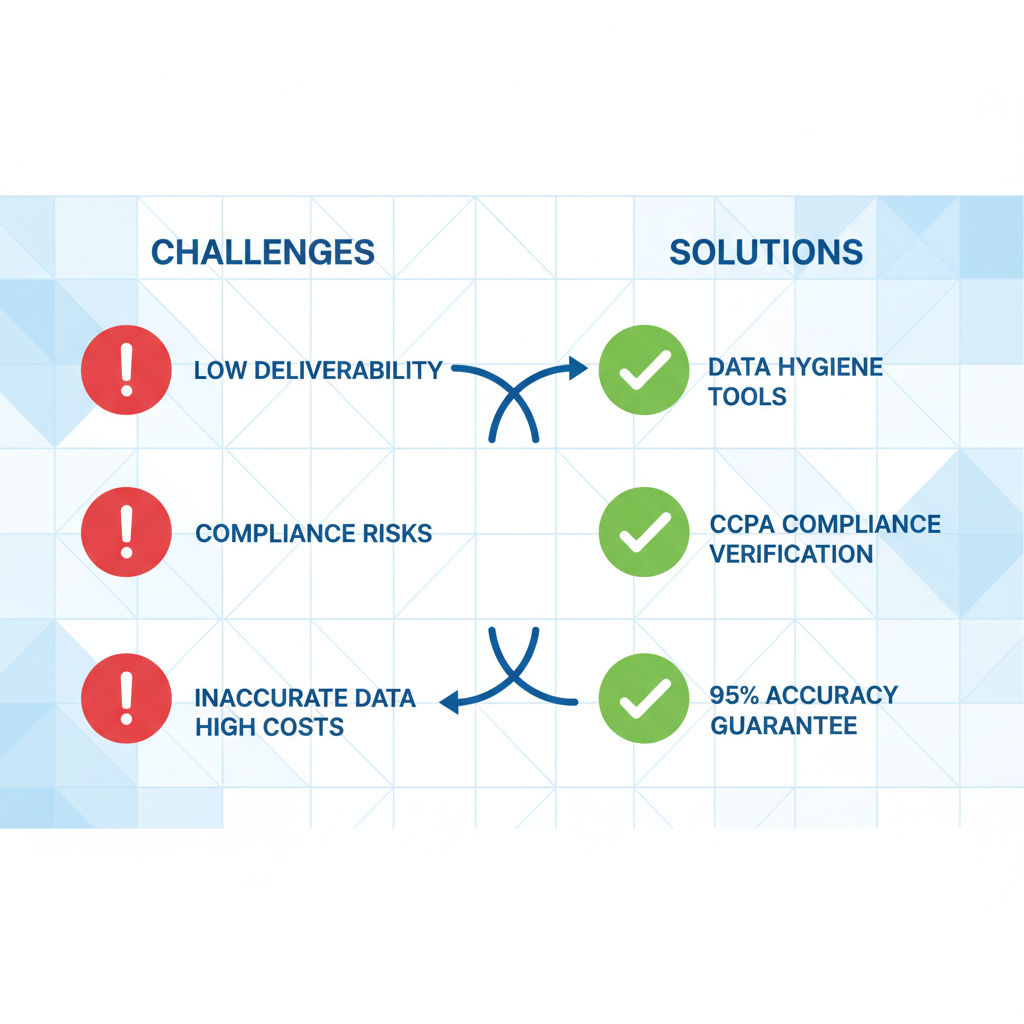 Infographic depicting common challenges like low deliverability and solutions such as data hygiene in buying email lists