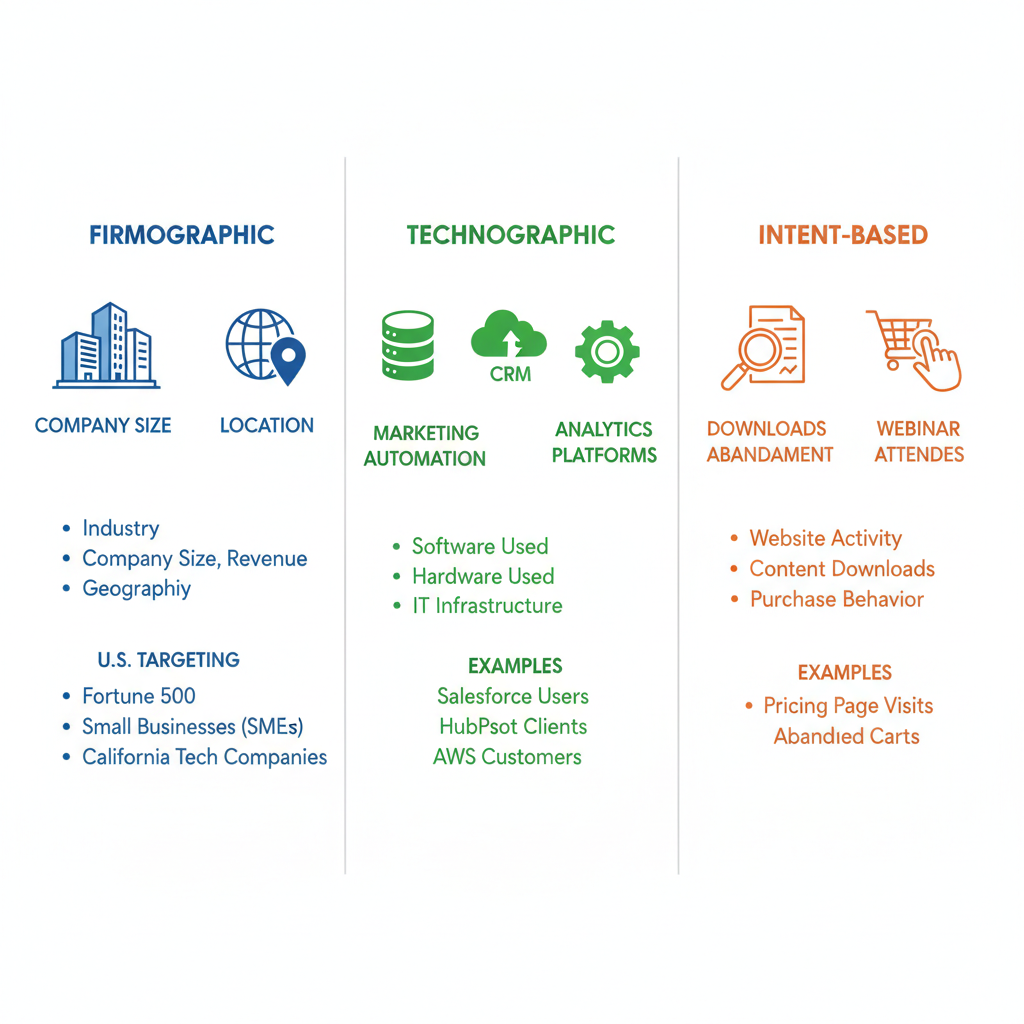 Infographic of business email list types: firmographic, technographic, and intent-based with icons and key features