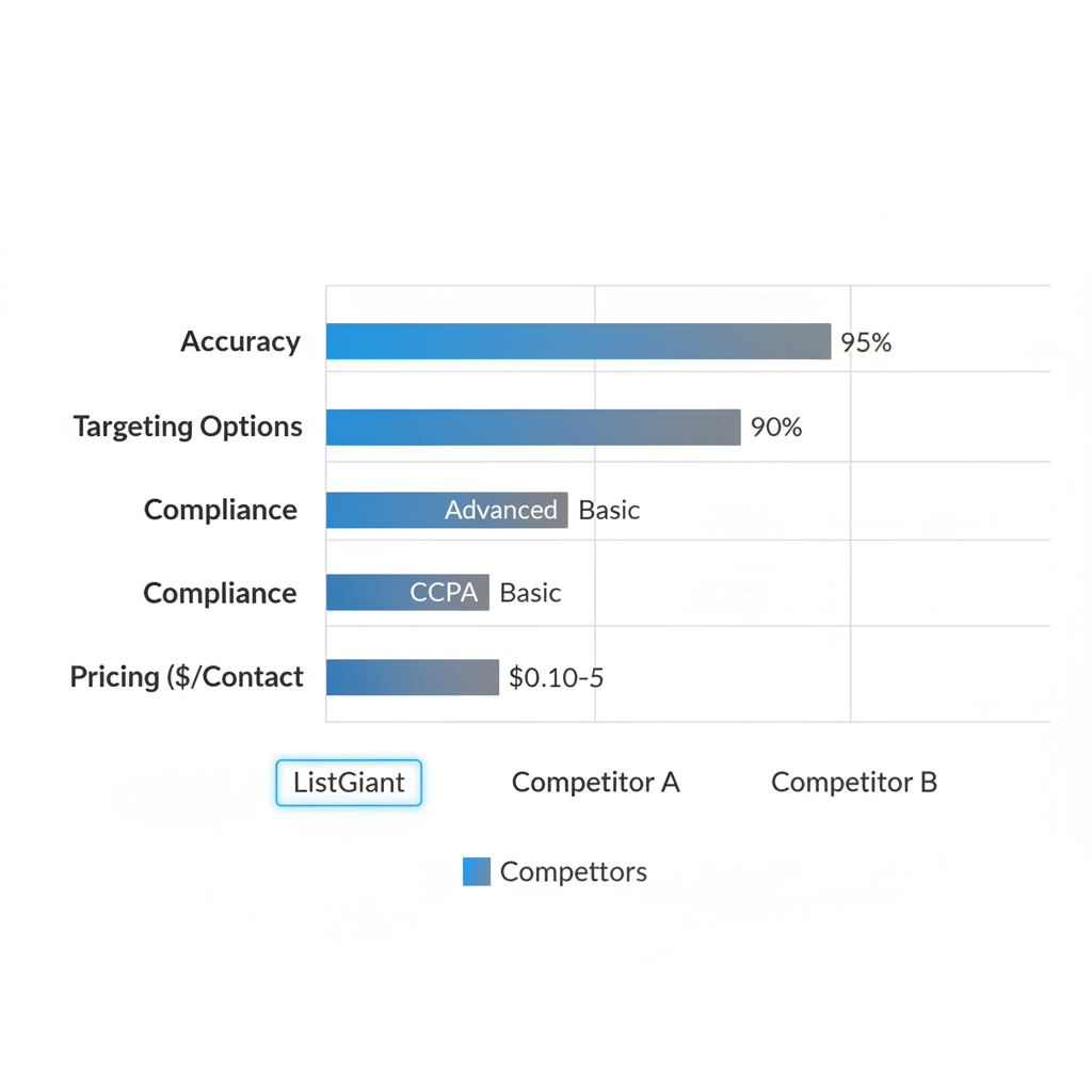 Horizontal bar chart comparing key benefits of B2B email list providers including accuracy, targeting options, compliance, and pricing metrics.