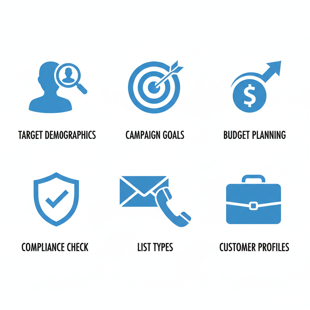 Icon set showing six key steps to assess marketing needs before purchasing leads: demographics, goals, budget, compliance, list types, and profiles.