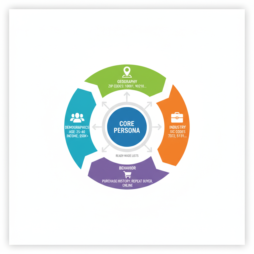 Infographic illustrating target audience segmentation with icons for demographics, geography, industry, and behavior in marketing lists