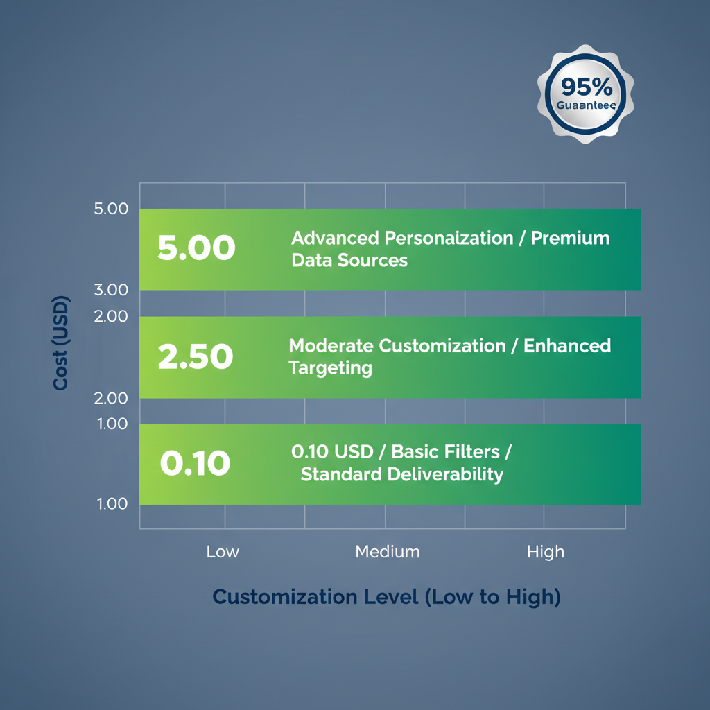 Horizontal bar chart showing ListGiant marketing lead pricing tiers from 0.10 to 5 USD per contact with 95% accuracy guarantee