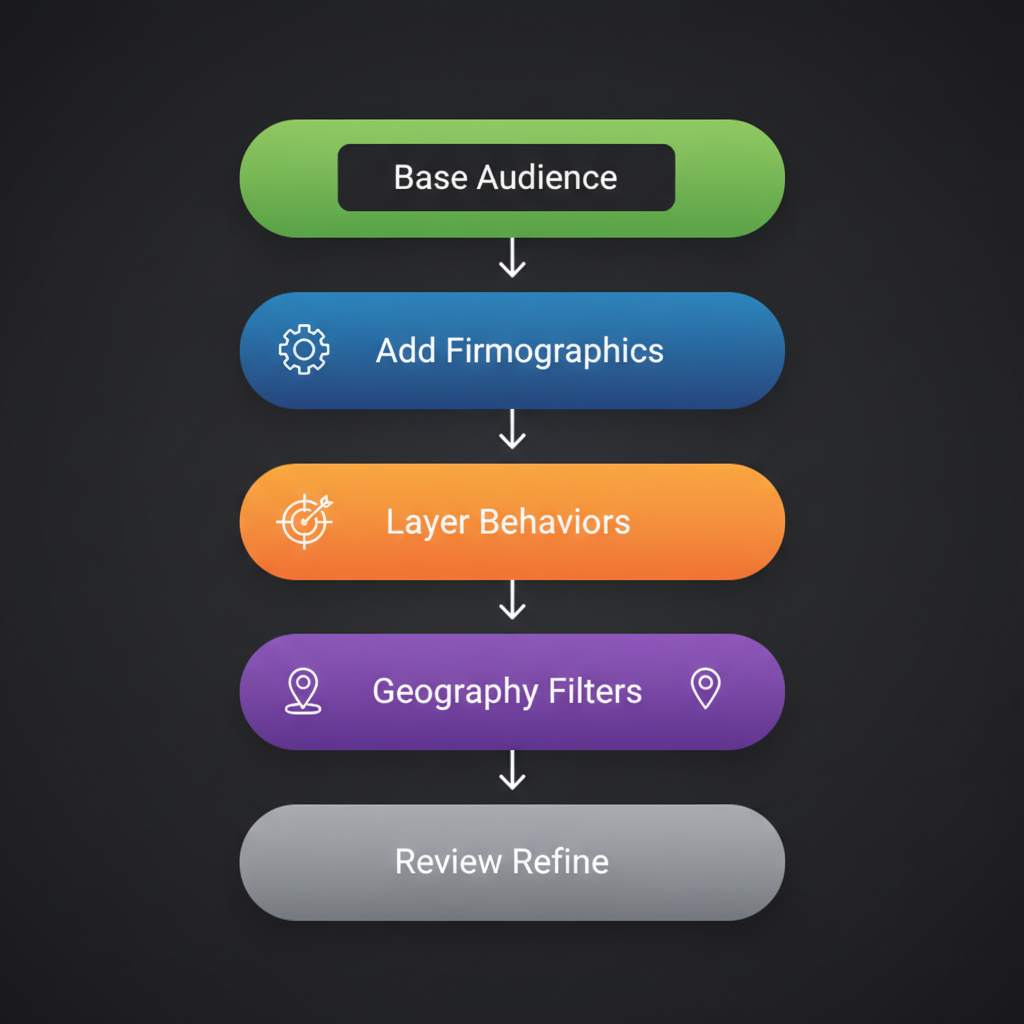 Vertical process flow diagram illustrating five stages of applying targeting criteria to mailing lists: starting with base audience, adding firmographics, layering behaviors, applying geography filters, and reviewing refinements.