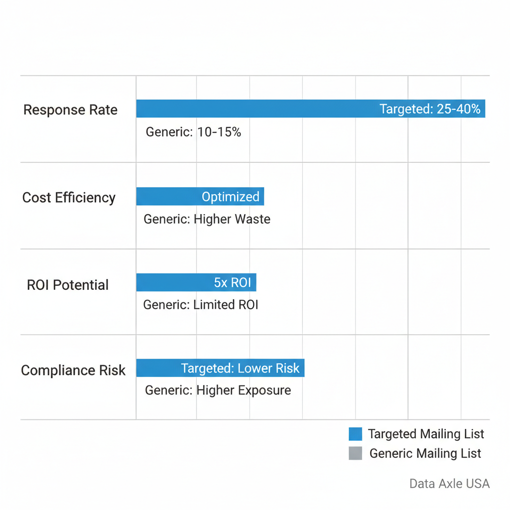 Horizontal bar chart comparing performance of generic versus targeted mailing lists across response rate, cost efficiency, ROI potential, and compliance risk, highlighting advantages of targeted lists