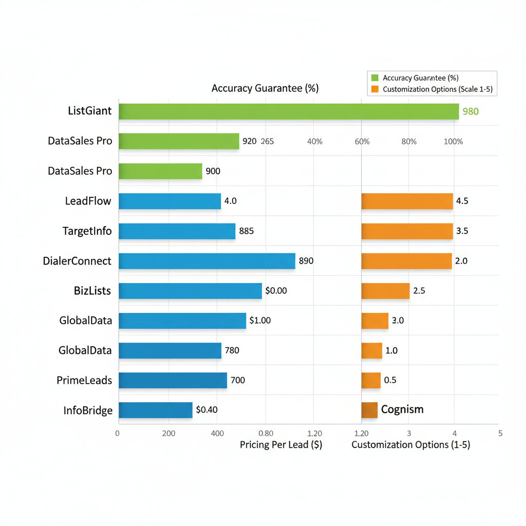 Horizontal bar chart comparing top telemarketing list providers by accuracy, pricing, and customization