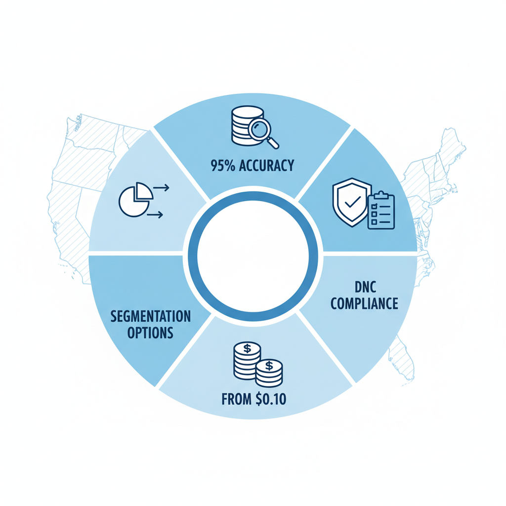 Infographic depicting ListGiant's telemarketing lists features: accuracy guarantee, DNC compliance, affordable pricing, and segmentation options with U.S. map background