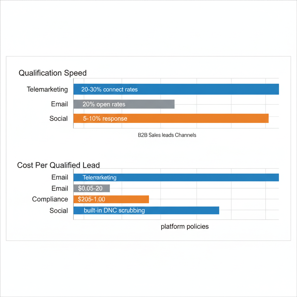 Horizontal bar chart comparing telemarketing, email, and social leads on qualification speed, cost, and compliance metrics
