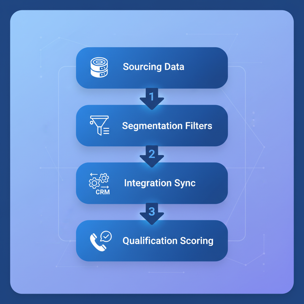 Vertical process flow diagram illustrating the telemarketing sales leads workflow with four connected stages: sourcing, segmentation, integration, and qualification.